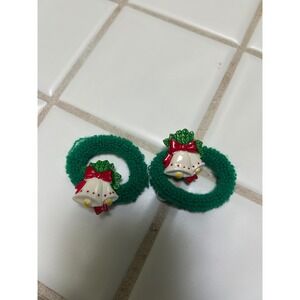 Vintage 1992 girls Christmas Hair Ties Green Bell & Wreath Bell Set Of 2